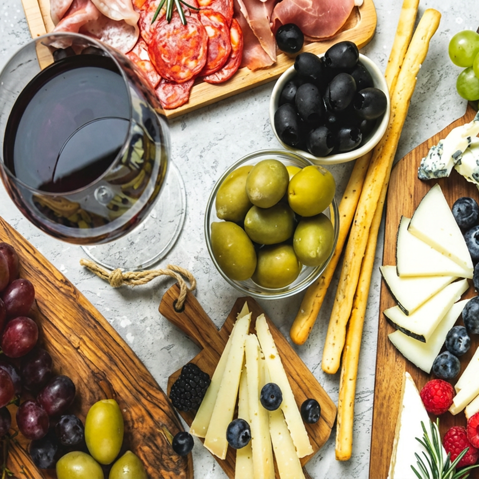 Overhead spread of charcuterie, assorted cheeses, olives, grapes, berries, breadsticks, and red wine on wooden boards.