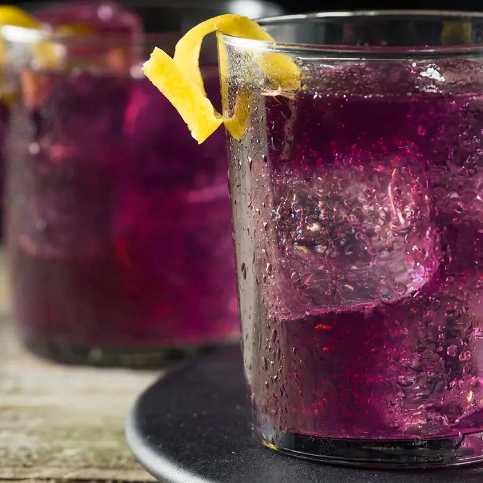 Two chilled purple cocktails with ice and lemon twists sit on a wooden table, one in the foreground on a black coaster.