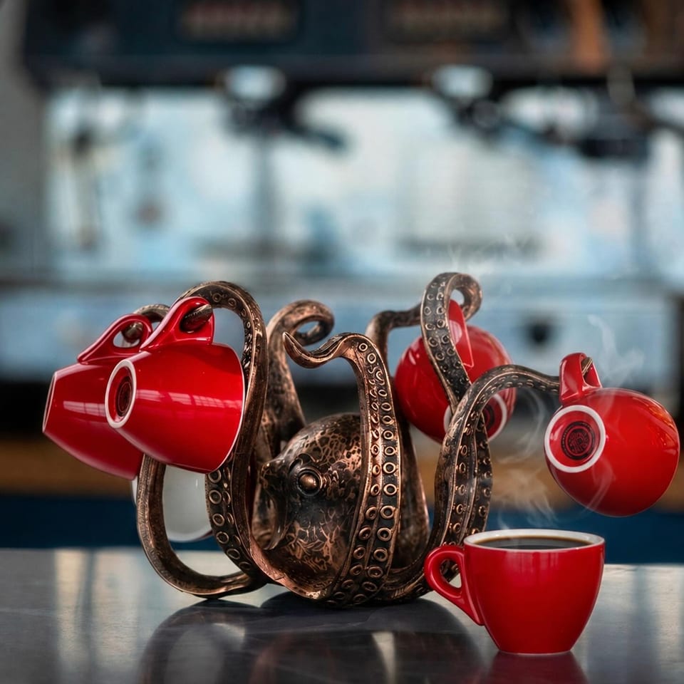 Decorative bronze octopus-shaped teapot surrounded by red cups, with a cup of coffee on a reflective café table.