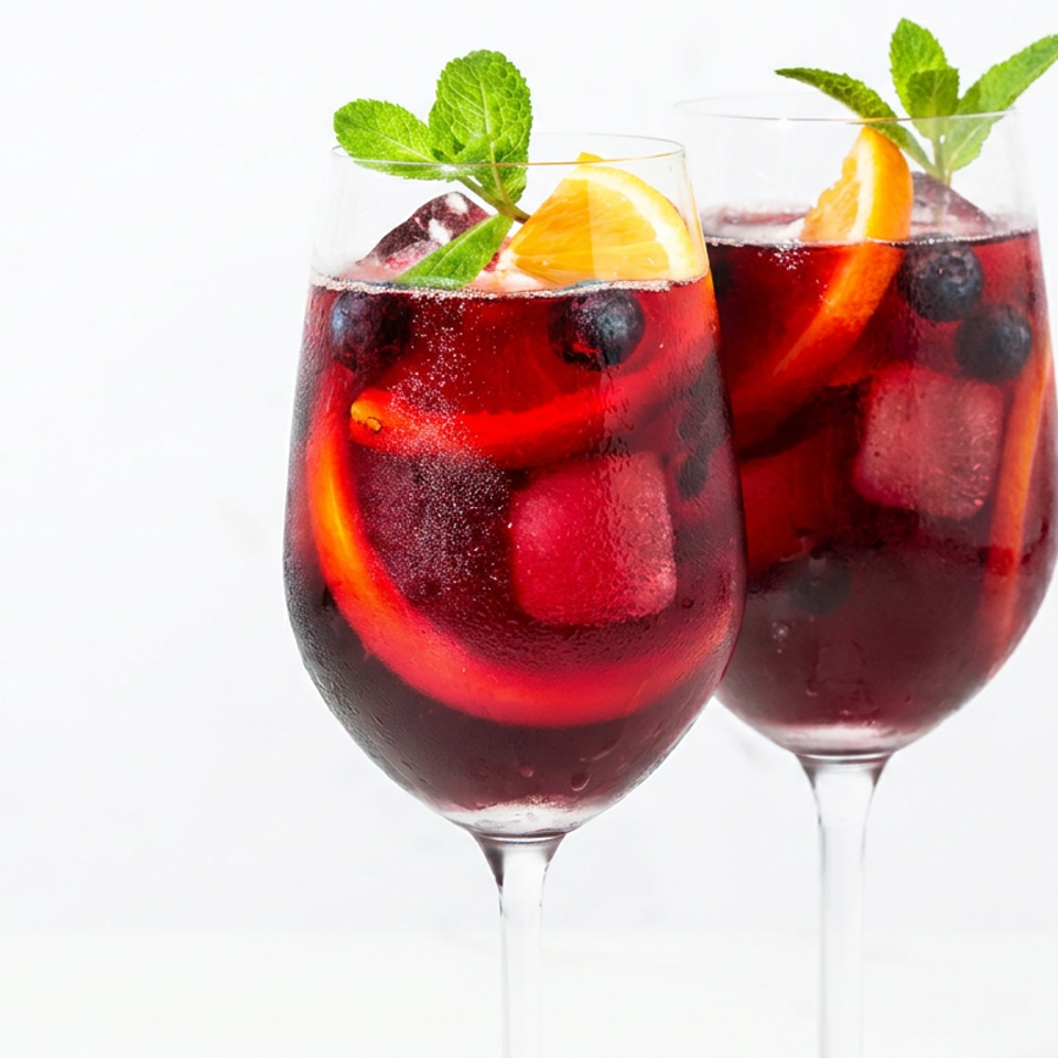 Two glasses of red berry cocktails garnished with orange slices and fresh mint leaves.