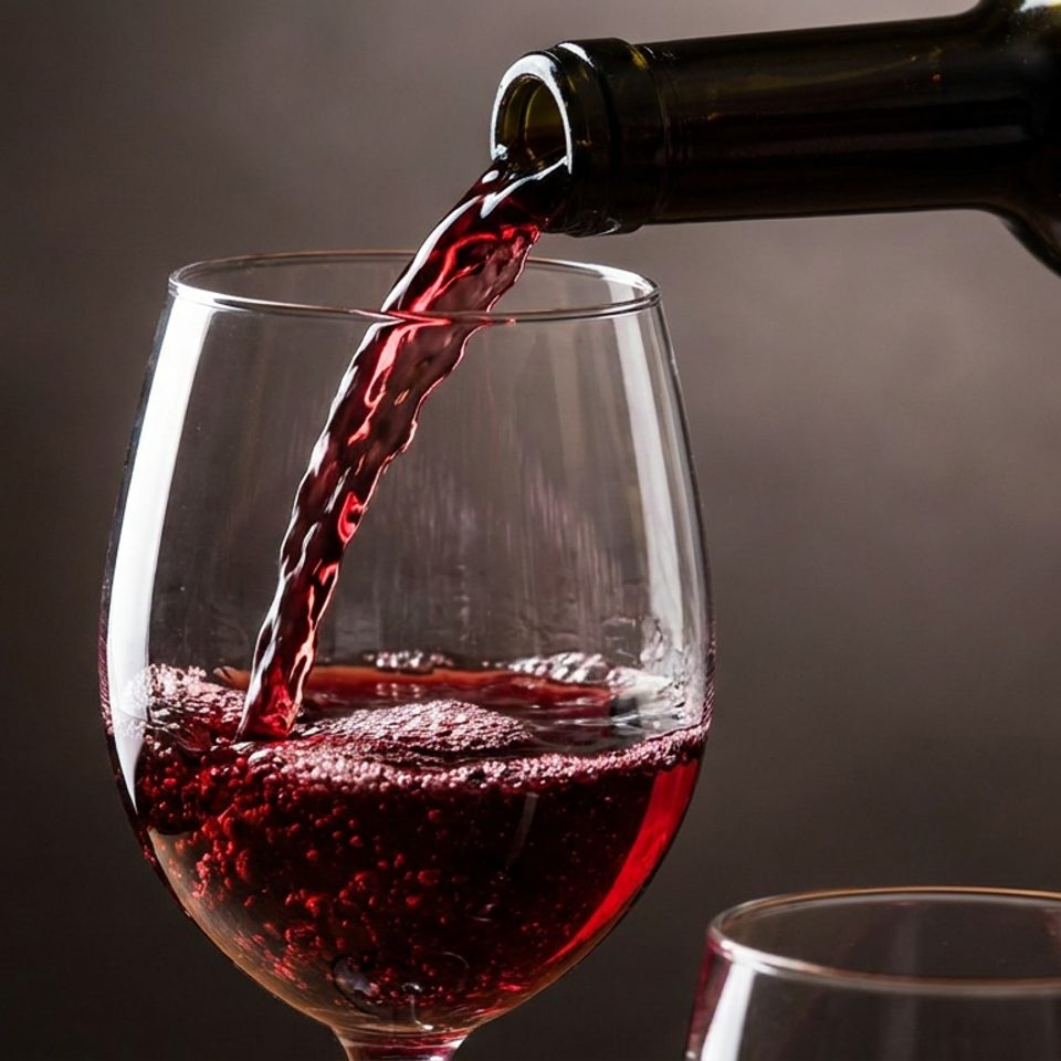 Red wine pours from a bottle into a stemmed wine glass against a dark background, with a second empty glass nearby.