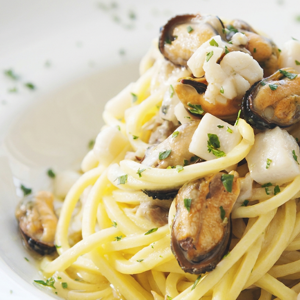 Creamy spaghetti topped with mussels, shrimp, and chopped parsley on a white plate.