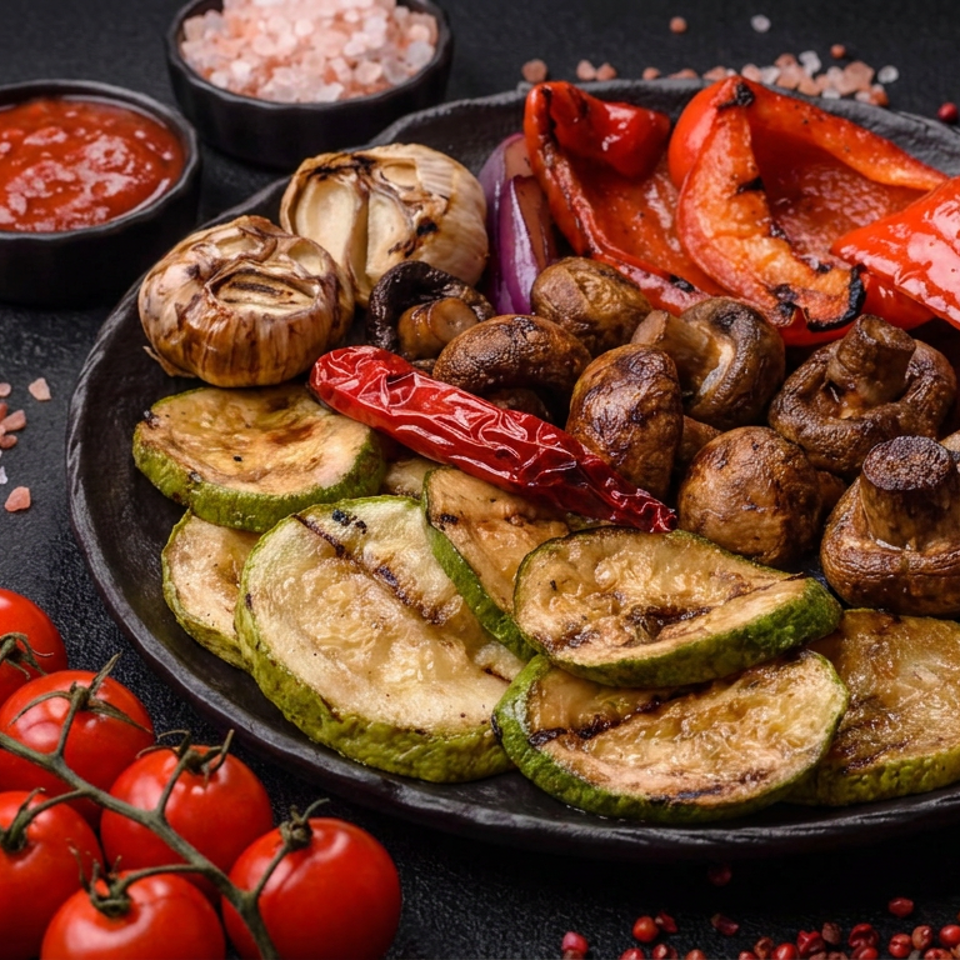 Grilled vegetable platter with zucchini, mushrooms, peppers, garlic, tomatoes, dipping sauces, and scattered pink salt.