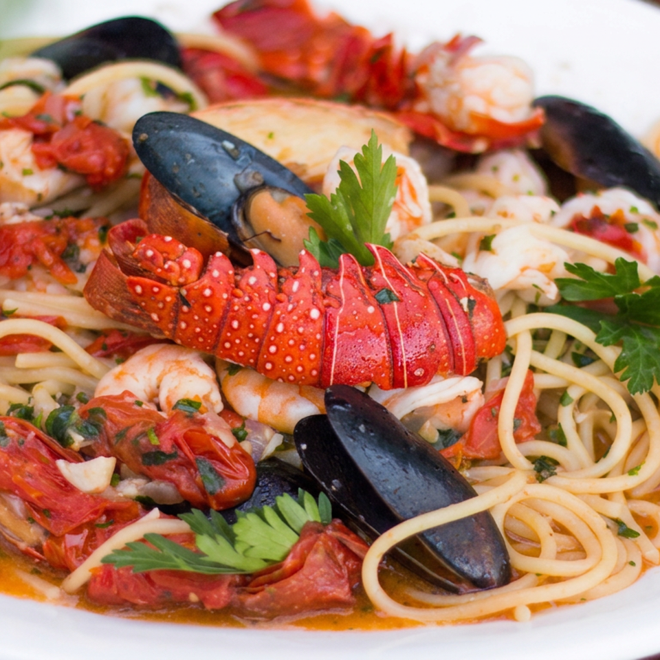 Spaghetti seafood pasta topped with lobster tail, shrimp, mussels, tomatoes, herbs, and savory orange sauce.