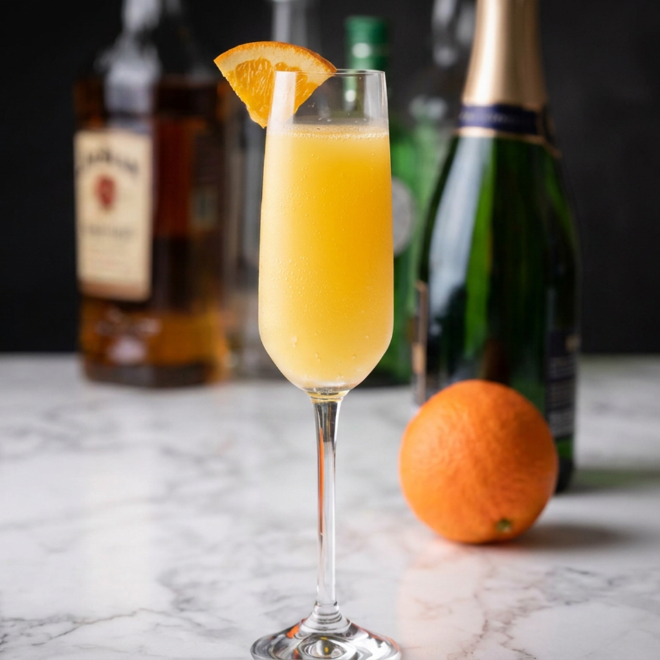 Yellow citrus cocktail in a champagne flute garnished with an orange wedge, with bottles and a whole orange on a marble counter.