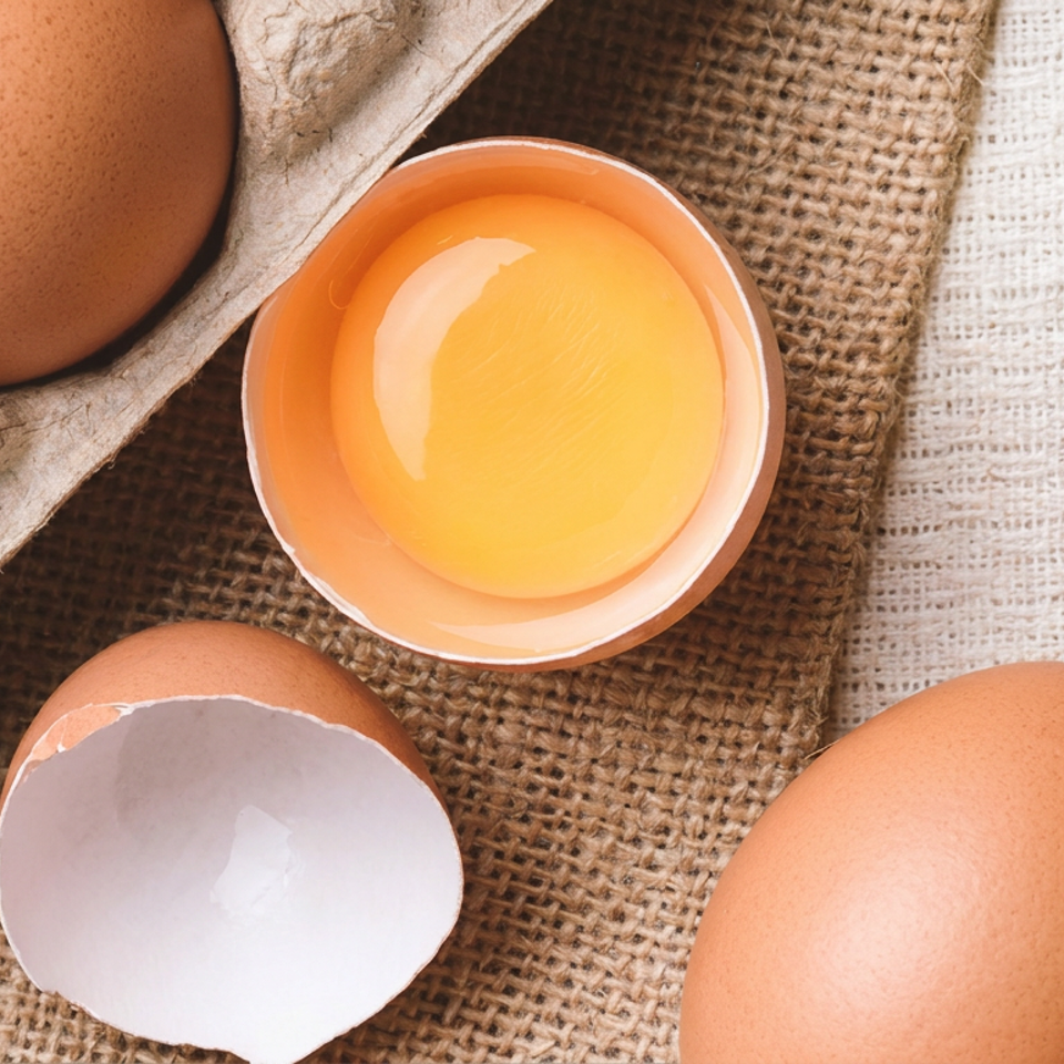 Brown eggs in a carton, a cracked eggshell, and a bowl of egg yolk on burlap fabric.