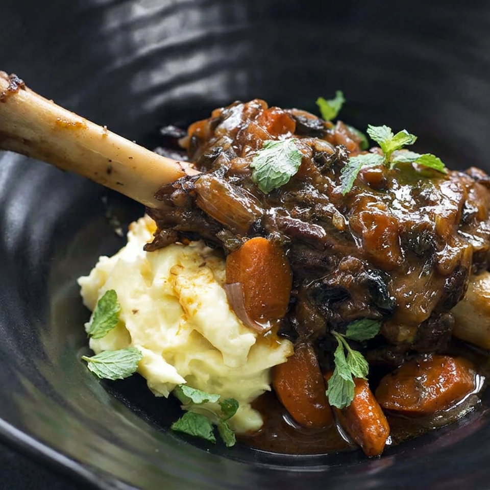 Braised lamb shank with carrots, mushrooms, and gravy served over mashed potatoes, garnished with fresh parsley in a black bowl.